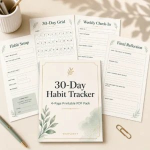 30 Day Habit Tracker printable PDF pack with Habit Setup, 30-Day Grid, Weekly Check-In, and Final Reflection pages